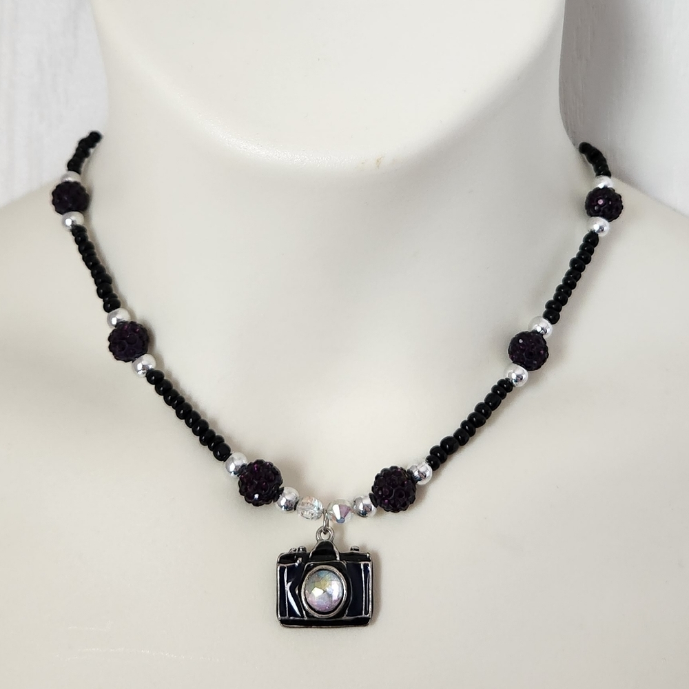 3/$10 NWOT Camera Necklace Purple Beads